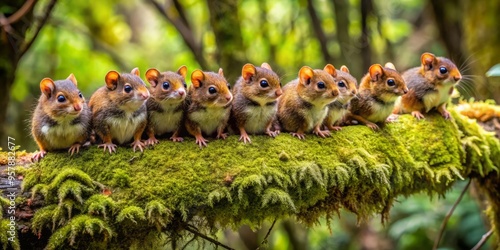 A photo image of a group of wetas, ranging from tiny to large, sitting on a moss-covered log in a dense New Zealand forest. photo