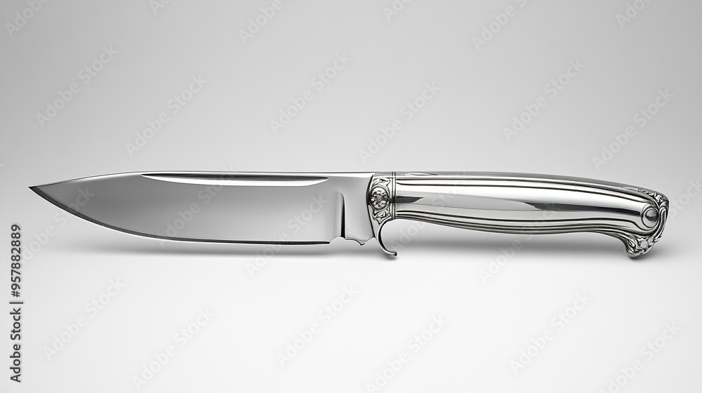 Sleek and Sharp: A silver-plated, full tang fixed blade knife with a classic design and a polished finish. The knife is isolated on a white background for a clean and modern look. Sleek and Sharp: A silver-plated, full tang fixed blade knife with a classic design and a polished finish. The knife is isolated on a white background for a clean and modern look.