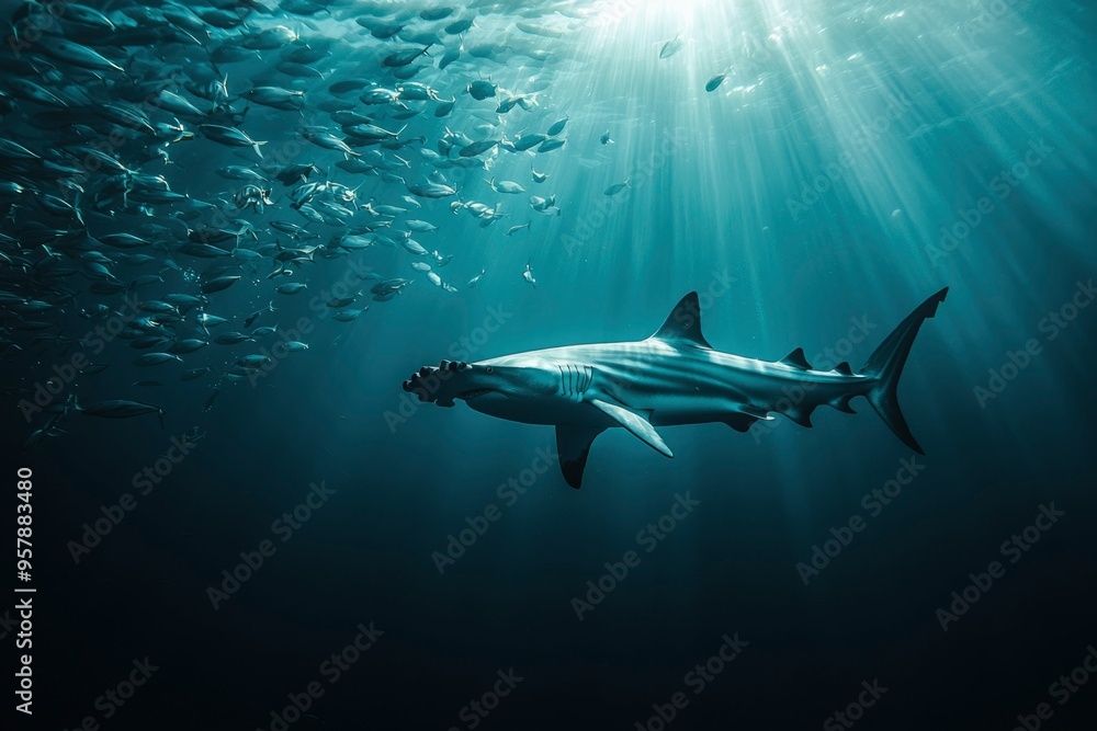 A solitary shark swimming through a school of fish in a sunlit ocean A solitary shark swimming through a school of fish in a sunlit ocean