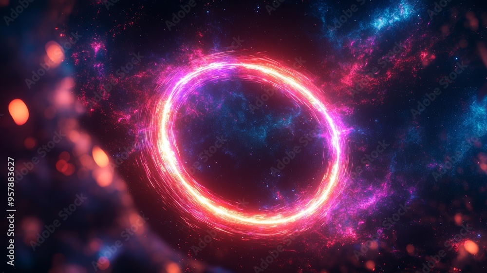 A vibrant cosmic scene featuring a glowing circular ring surrounded by colorful nebulae and stars, evoking the mysteries of the universe A vibrant cosmic scene featuring a glowing circular ring surrounded by colorful nebulae and stars, evoking the mysteries of the universe
