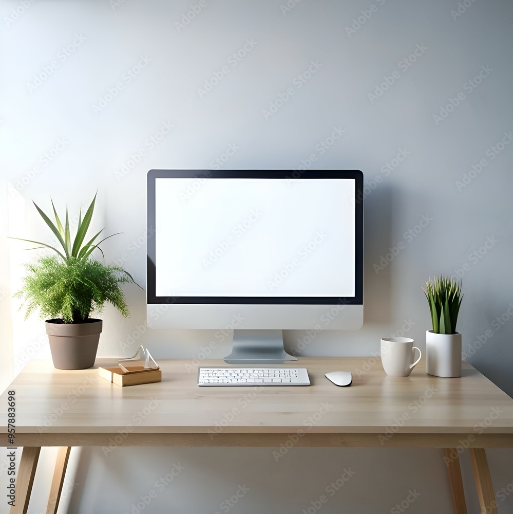 Modern minimalist workspace with a blank computer screen. perfect for showcasing your design projects. website mockups. or presentations. Modern minimalist workspace with a blank computer screen. perfect for showcasing your design projects. website mockups. or presentations.