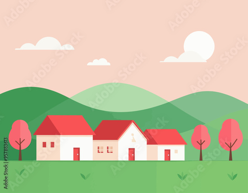 Peaceful Countryside Homes with Red Roofs and Green Hills