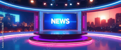 Newsroom Set with Large Screen Displaying 'News' Text