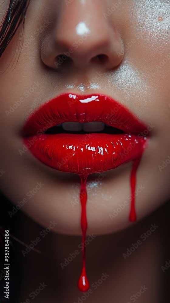 Obraz premium A gorgeous model girl's mouth is covered in red liquid and paint that is leaking from her lips. lipstick