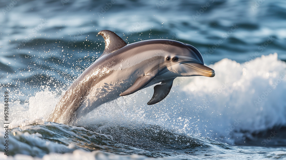Fototapeta premium A playful dolphin leaping out of the ocean waves, with sparkling water droplets in the air