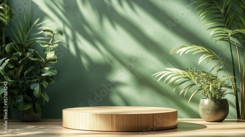 3d Mock up Olive green podium with botanical prints and earthy tones. Pedestal stage for herbal product presentation. Natural scene for advertising. Sale promotion background.