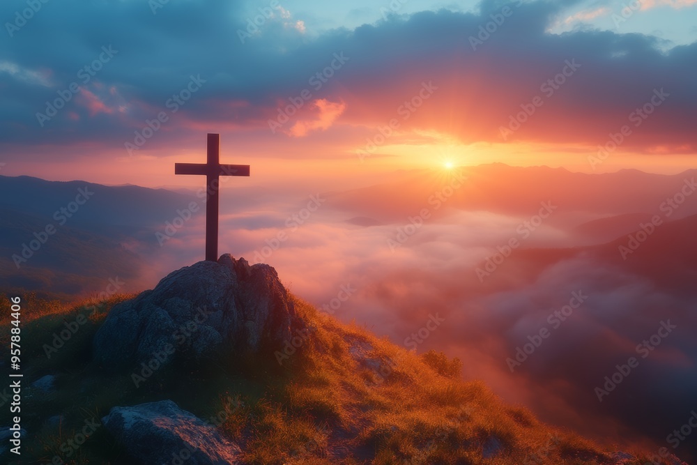 A serene landscape featuring a cross atop a rocky hill, illuminated by a vibrant sunset and surrounded by misty mountains, evoking a sense of peace and spirituality A serene landscape featuring a cross atop a rocky hill, illuminated by a vibrant sunset and surrounded by misty mountains, evoking a sense of peace and spirituality