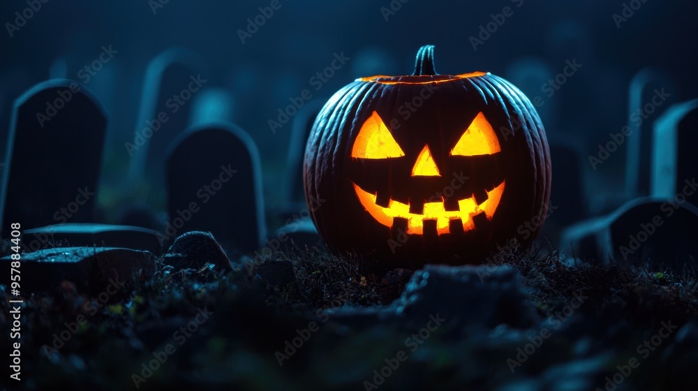 Sinister Jack O'Lantern amongst Crumbling Tombstones in Dark Cemetery, Halloween Horror Scene with Copy Space, Ultra HD Sinister Jack O'Lantern amongst Crumbling Tombstones in Dark Cemetery, Halloween Horror Scene with Copy Space, Ultra HD