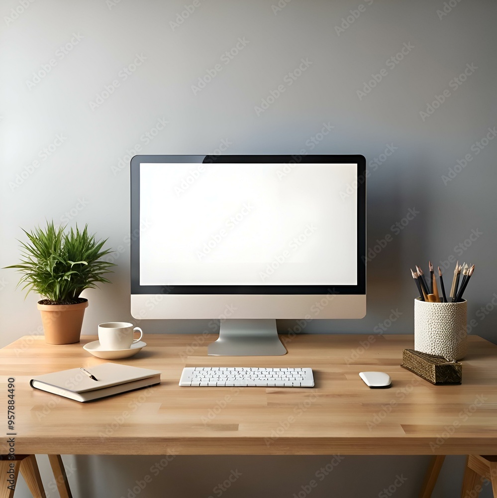 A minimalist workspace with a blank computer screen. keyboard. and mouse. ready for your design or text overlay. A minimalist workspace with a blank computer screen. keyboard. and mouse. ready for your design or text overlay.