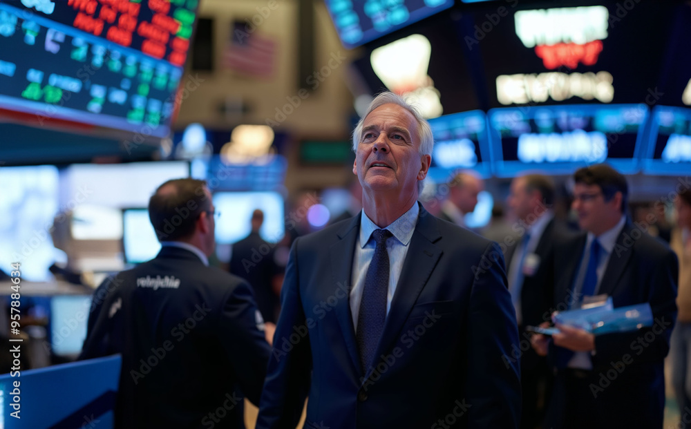 Fototapeta premium A businessman in a suit navigates the bustling New York Stock Exchange floor, surrounded by activity and vibrant energy.