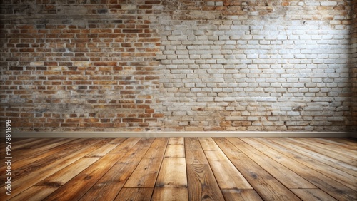Photo image of a rustic wooden floor amidst exposed brick walls, contrasting with a clean white-washed finish on the walls.