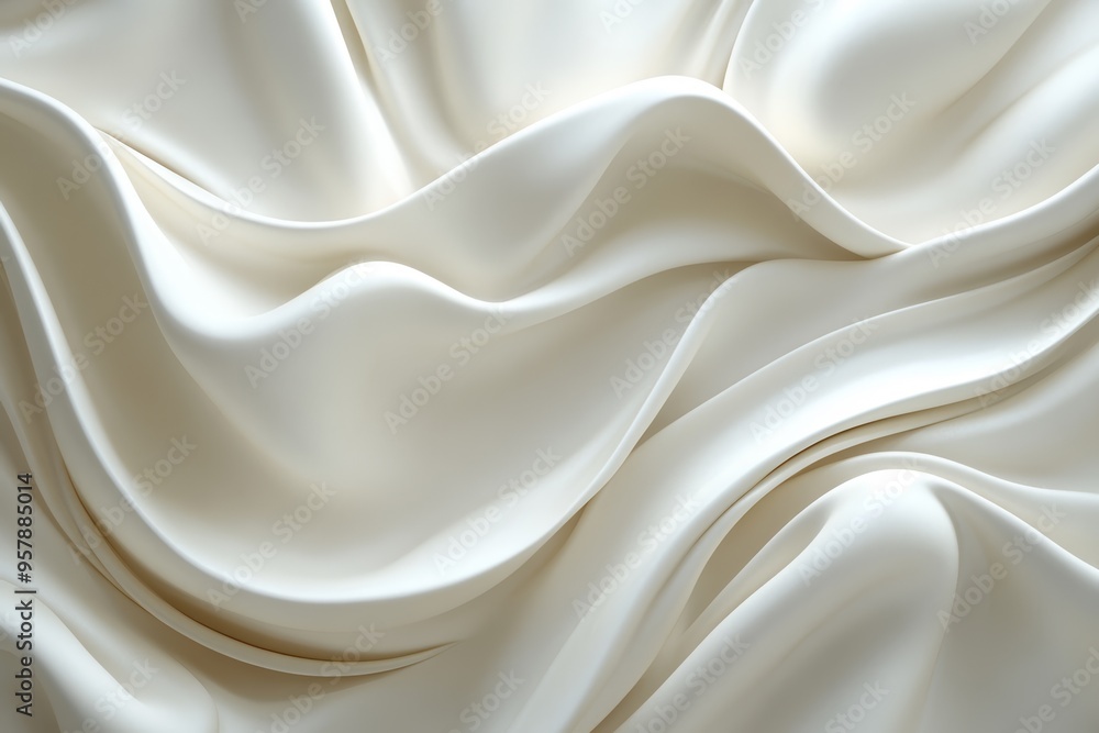 Fototapeta premium A smooth, flowing texture of cream-colored fabric, showcasing elegant drapes and soft waves that create a sense of tranquility and sophistication