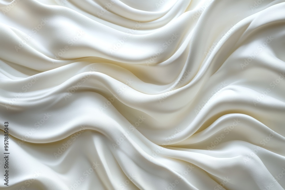Fototapeta premium A close-up view of luxurious white silk fabric, showcasing its smooth texture and flowing drapes against a soft background