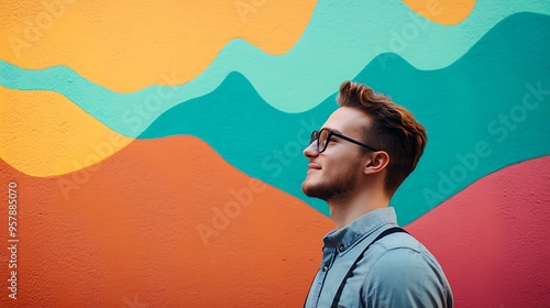 side view portrait of a young digital marketing professional, huge exponentially rising curve painted on the wall in the background, use the colours port gore and amber photo