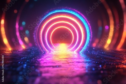 A vibrant, glowing tunnel of colorful rings reflected in a shimmering water surface, creating a surreal and captivating atmosphere