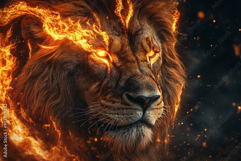 A fierce lion's face with fiery orange eyes and flames swirling around its mane, creating a dramatic and powerful visual effect A fierce lion's face with fiery orange eyes and flames swirling around its mane, creating a dramatic and powerful visual effect