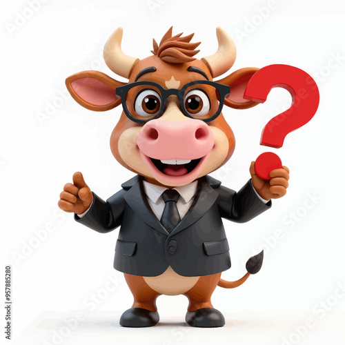 Inquisitive Cow in Business Attire with Question Mark