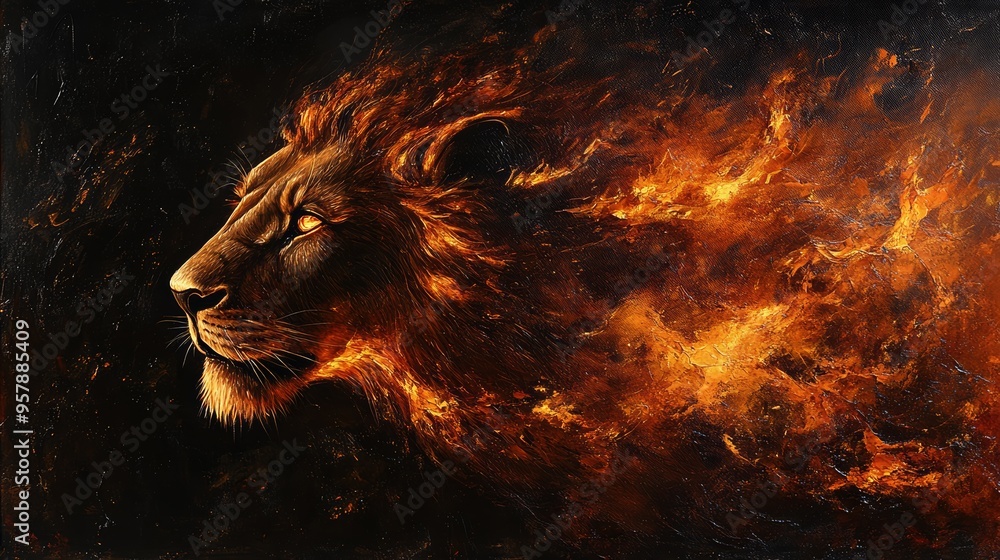Naklejka premium A majestic lion's head emerges from swirling flames, symbolizing strength and power in a dramatic and fiery display