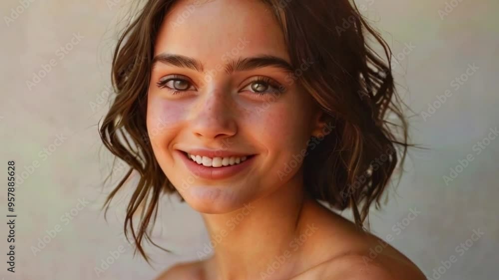 Soft and Inviting Portrait of a Woman with Wavy Hair and Expressive Eyes Soft and Inviting Portrait of a Woman with Wavy Hair and Expressive Eyes