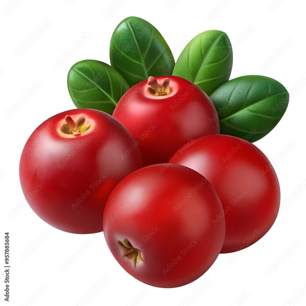 Obraz premium A realistic 3D illustration of four vibrant cranberries with green leaves. perfect for adding a touch of freshness and natural beauty to your designs.