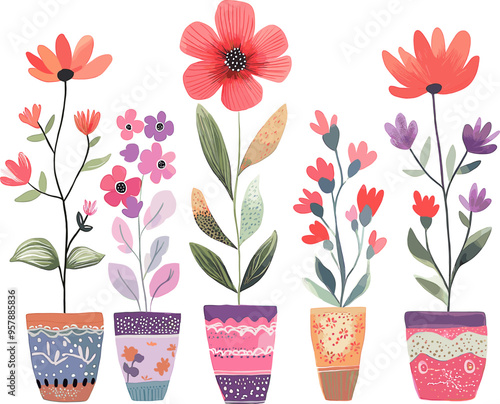 Potted plants colorful vector illustration isolated white background. Handdrawn houseplants flowerpots collection cartoon style home decor