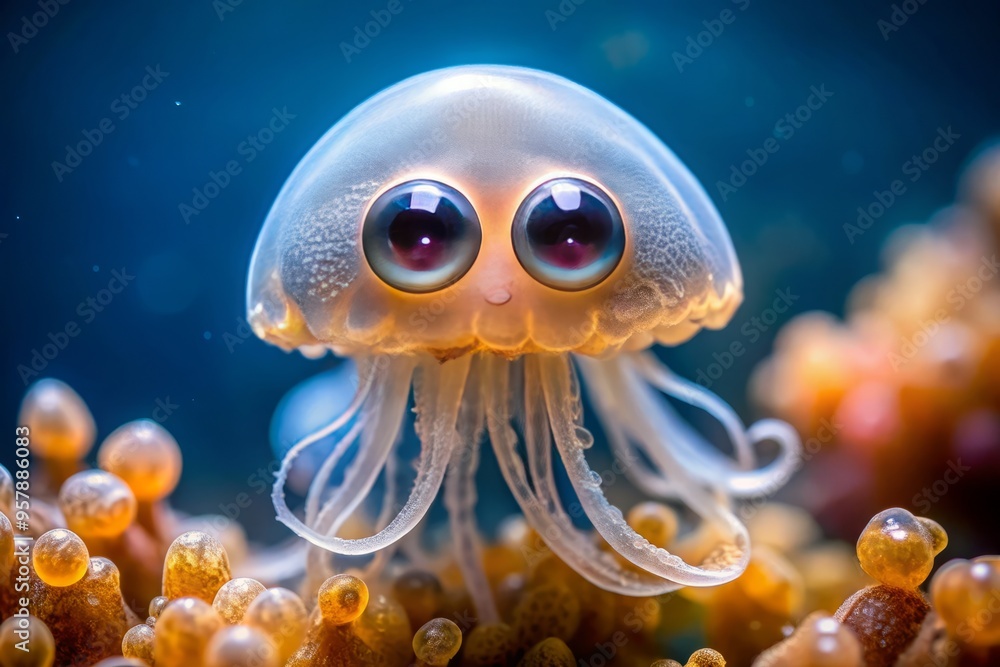 A small, gelatinous jellyfish floats effortlessly through the ocean, its large, round eyes wide with wonder, its delicate features set in a curious expression. A small, gelatinous jellyfish floats effortlessly through the ocean, its large, round eyes wide with wonder, its delicate features set in a curious expression.