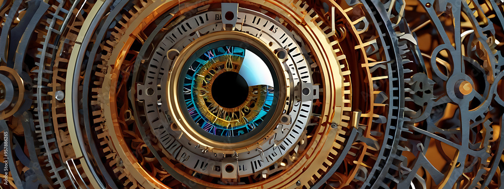 Obraz premium A vibrant 3D illustration of a human eye with intricate clockwork mechanisms instead of a pupil, symbolizing the concept of time perception and the intricate nature of human experience.