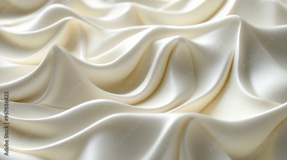 Obraz premium A close-up view of elegantly draped cream satin fabric, showcasing soft, flowing textures and subtle sheen that create a luxurious appearance