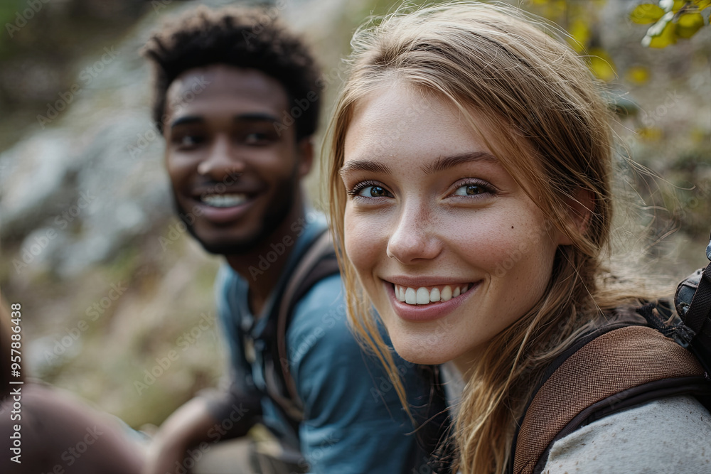 Multiracial friends hiking and exploring nature Multiracial friends hiking and exploring nature