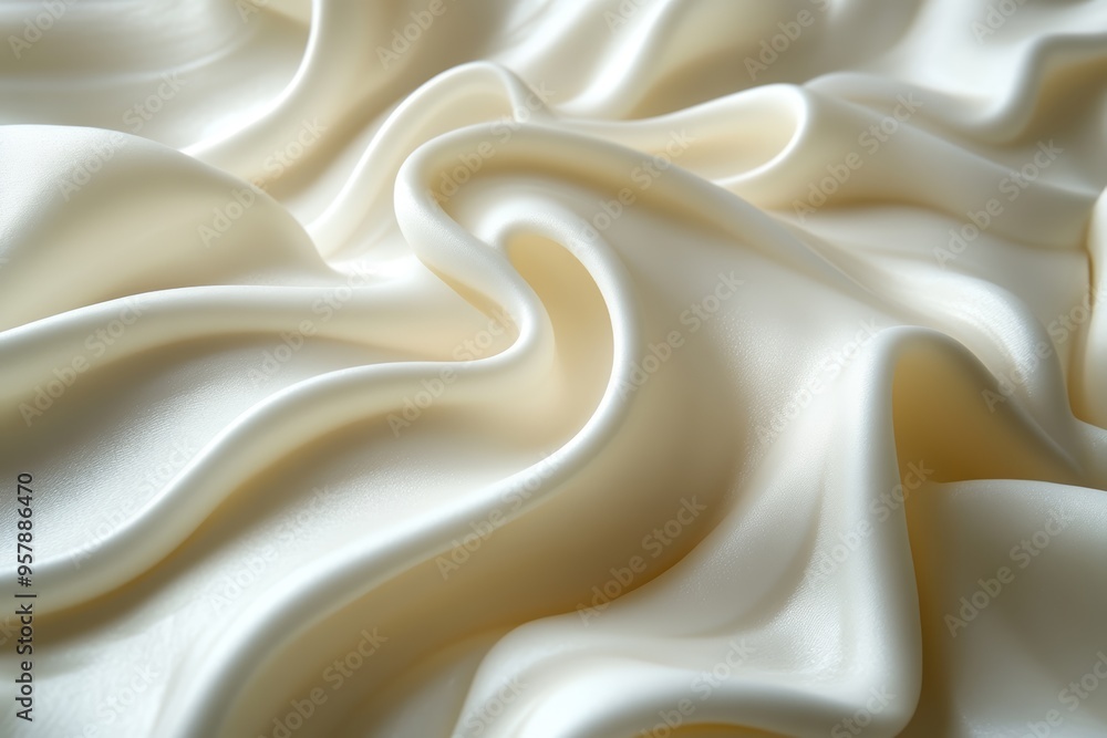A close-up of smooth, flowing fabric with a silky texture, showcasing soft cream and white hues in undulating waves and folds A close-up of smooth, flowing fabric with a silky texture, showcasing soft cream and white hues in undulating waves and folds