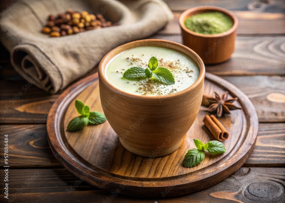 photo image of a classic wooden cup filled with a creamy and sweet lassi drink, garnished with a sprinkle of cardamom powder and a few fresh mint leaves photo image of a classic wooden cup filled with a creamy and sweet lassi drink, garnished with a sprinkle of cardamom powder and a few fresh mint leaves