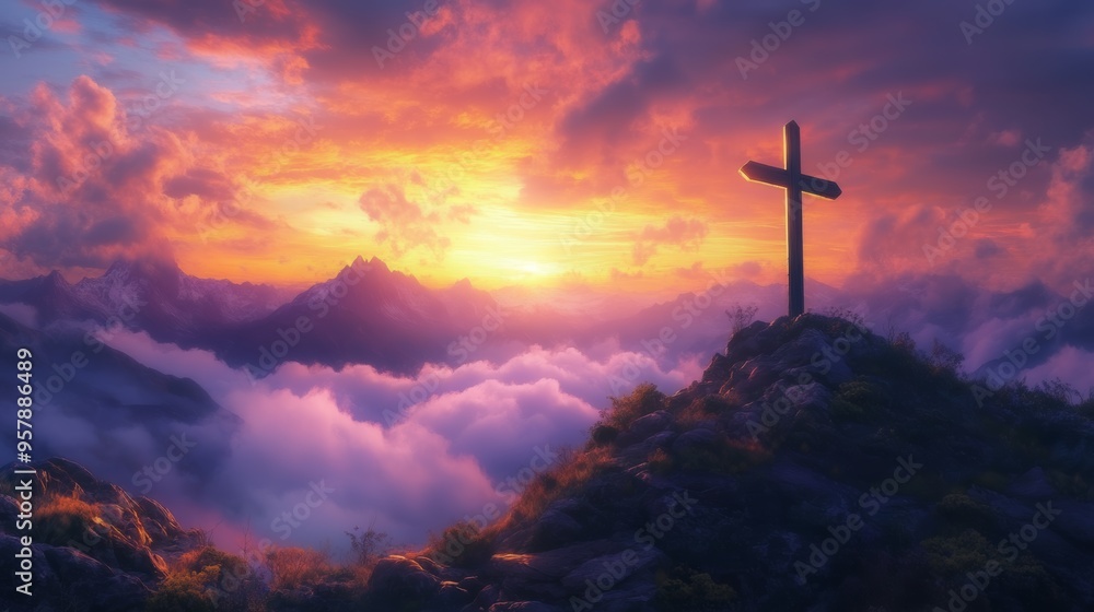 A serene mountain landscape at sunset, featuring a prominent cross atop a rocky outcrop, surrounded by vibrant clouds and serene colors A serene mountain landscape at sunset, featuring a prominent cross atop a rocky outcrop, surrounded by vibrant clouds and serene colors