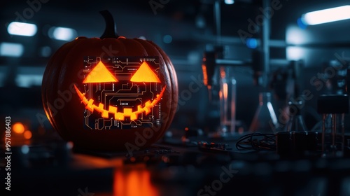 Wallpaper Mural Futuristic Jack-o'-Lantern: Glowing Circuit Board Face in Dark Laboratory - Copy Space for Halloween Text, Selective Focus, Ultra HD Torontodigital.ca