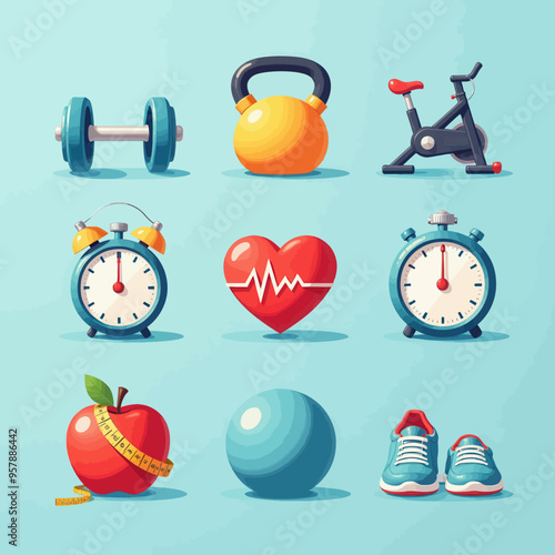 Health and Fitness Icons Set: Including Weight Scale, Dumbbells, Heart Rate Monitor, Apple, Ball, and Sneakers