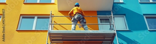 A Painter On Scaffolding Working On A Building With Yellow And Blue Walls - Photo