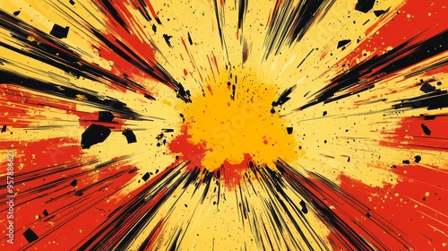 A dynamic explosion graphic with vibrant colors, featuring radiating lines and splattered effects that convey energy and impact