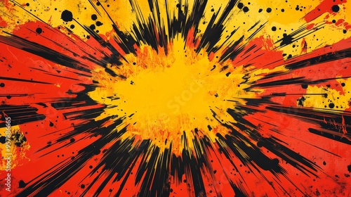 A vibrant explosion of colors radiating from the center, showcasing dynamic bursts of red, yellow, and black, creating a visually striking and energetic effect