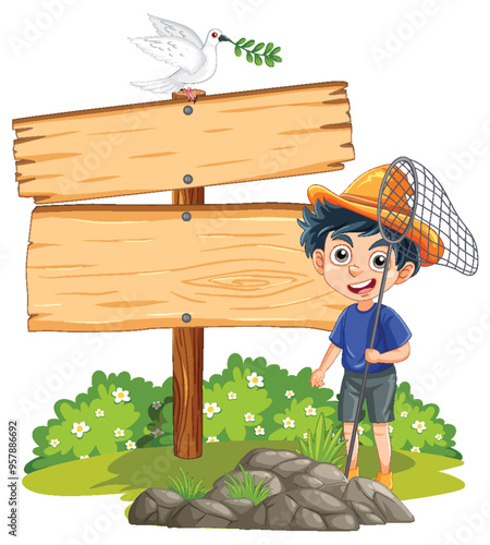 Boy with Net and Wooden Sign