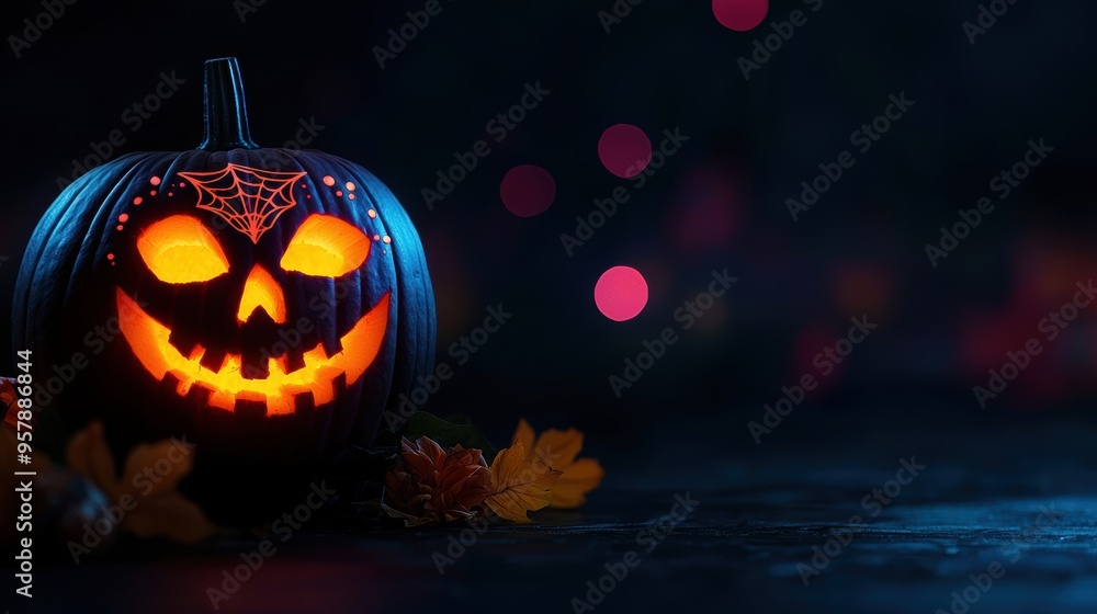 Glowing Day of the Dead Inspired Pumpkin with Vibrant Colors in Darkness Copy Space for Text, Selective Focus - Ultra HD Glowing Day of the Dead Inspired Pumpkin with Vibrant Colors in Darkness Copy Space for Text, Selective Focus - Ultra HD