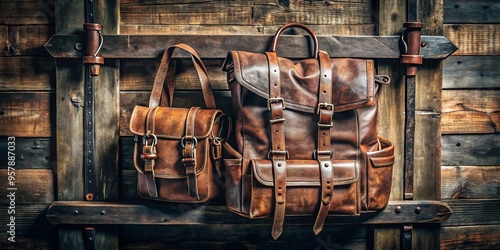 photo image of worn leather straps holding up a vintage backpack on a rustic wooden rack photo