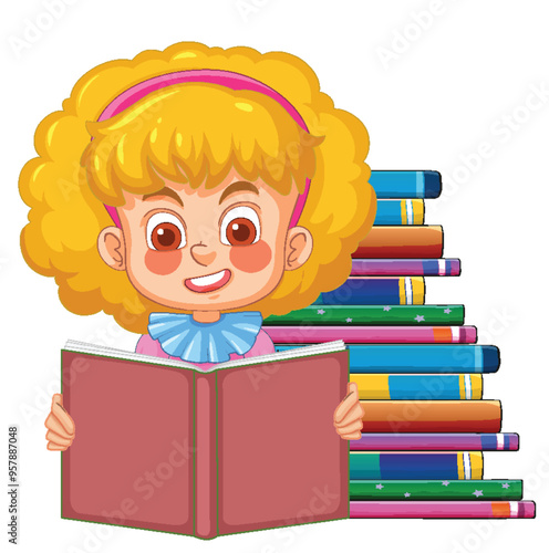 Girl Reading with Books Stack