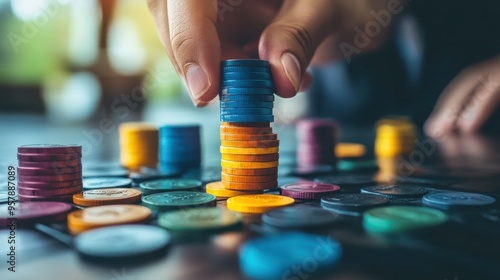 Colorful Gaming Tokens and Hands Arranging Them #957887089