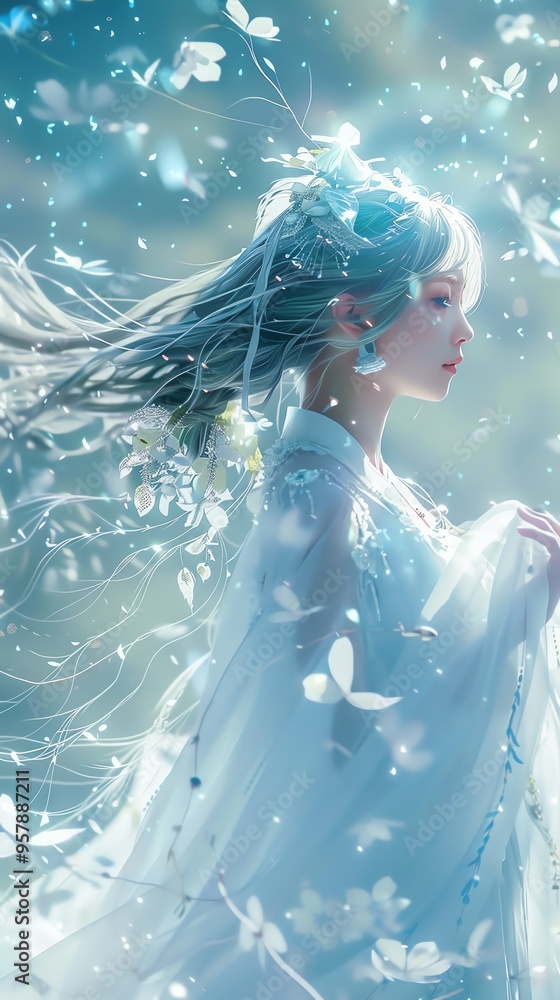A ethereal woman with flowing hair adorned with butterflies, captured in a serene, dreamlike atmosphere of soft colors. A ethereal woman with flowing hair adorned with butterflies, captured in a serene, dreamlike atmosphere of soft colors.