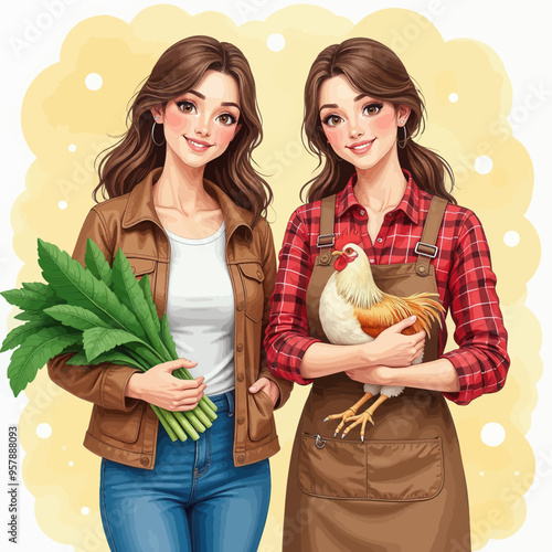 Friendly Farmers: A Pair of Smiling Women Holding Chicken and Vegetables