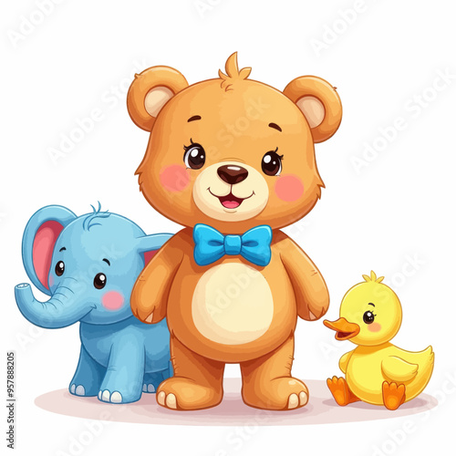 Friendly Animals: A Teddy Bear, Elephant, and Duck Stand Together