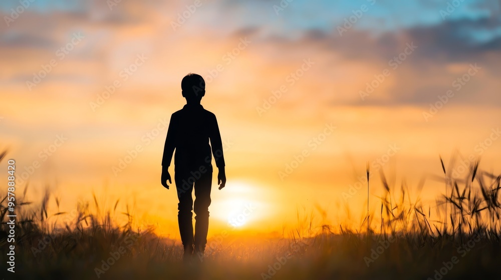 silhouette of a young person walking towards the sunset with a golden sky and tall grass, symbolizing hope, growth, and the pursuit of a brighter future. silhouette of a young person walking towards the sunset with a golden sky and tall grass, symbolizing hope, growth, and the pursuit of a brighter future.