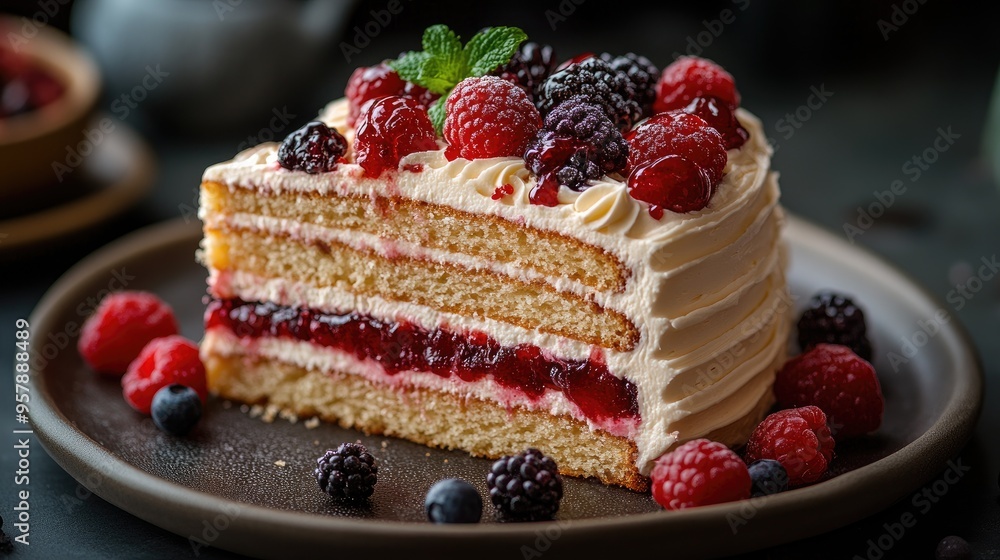 Delicious raspberry cake showing multiple layers on plate Delicious raspberry cake showing multiple layers on plate