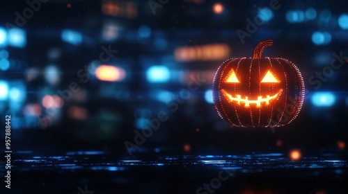 Wallpaper Mural Glowing Neon Pumpkin in Tech Cityscape - Futuristic Halloween Concept with Copy Space. Torontodigital.ca