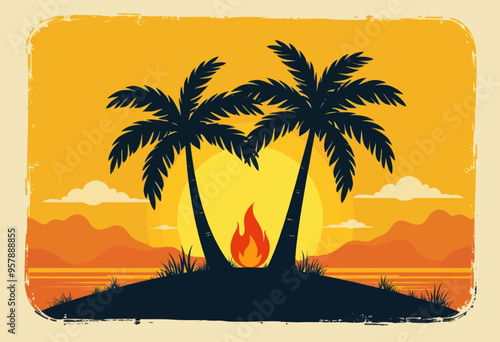 Fiery Sunset Silhouette with Palm Trees