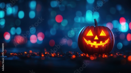 Wallpaper Mural Cyberpunk Jack-o'-Lantern Augmented Reality Glow in Urban Street Scene with Copy Space, Selective Focus - Ultra HD Torontodigital.ca
